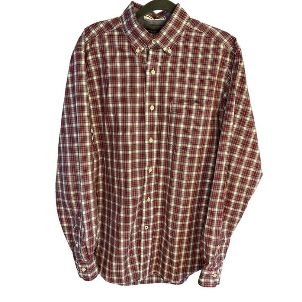 Nautica Mens Small Red Blue White Plaid Long Sleeve Button Down Cotton Shirt